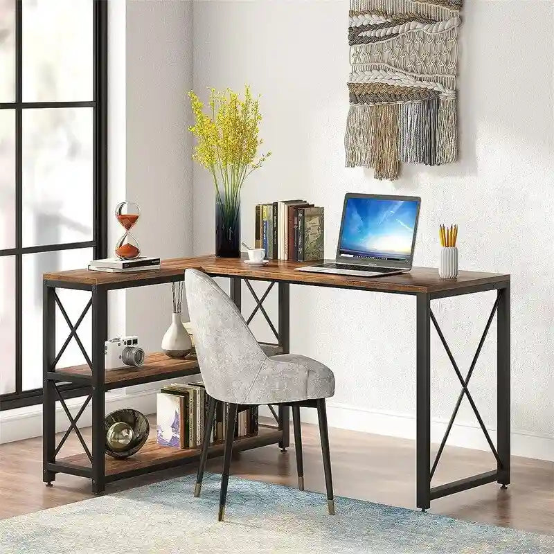 Bureau d'angle en L avec étagères de rangement