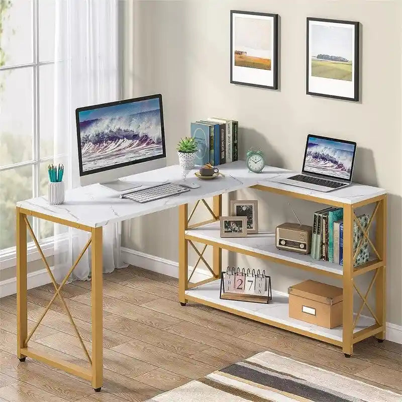 Bureau d'angle en L avec étagères de rangement