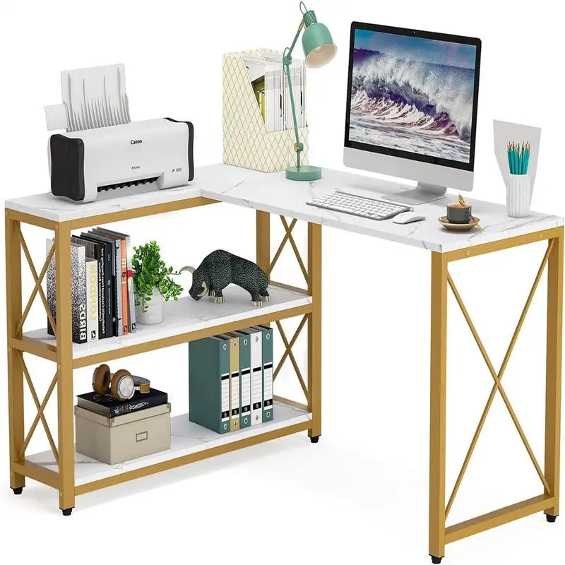 Bureau d'angle en L avec étagères de rangement