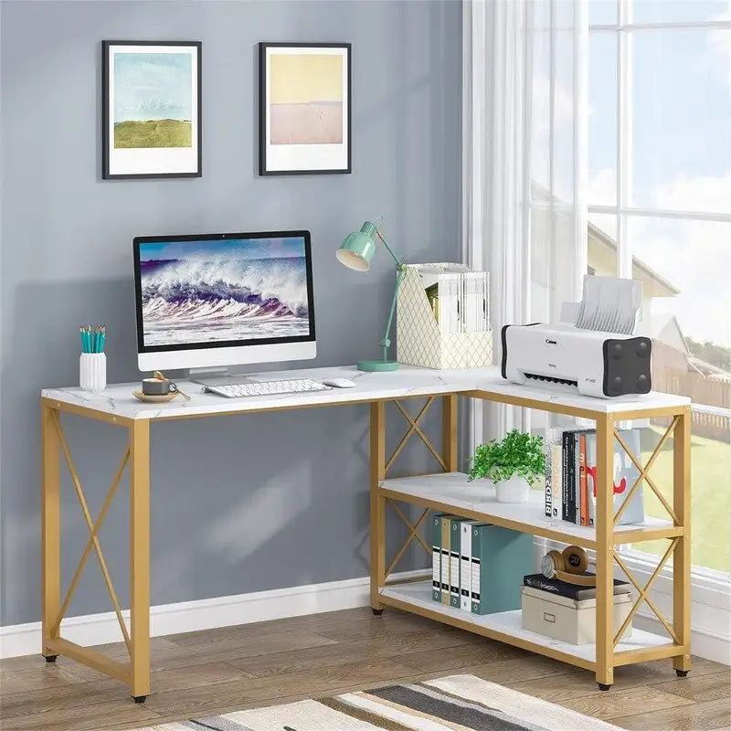 Bureau d'angle en L avec étagères de rangement