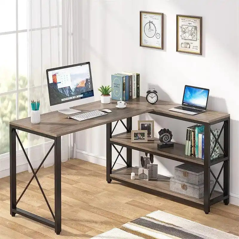 Bureau d'angle en L avec étagères de rangement