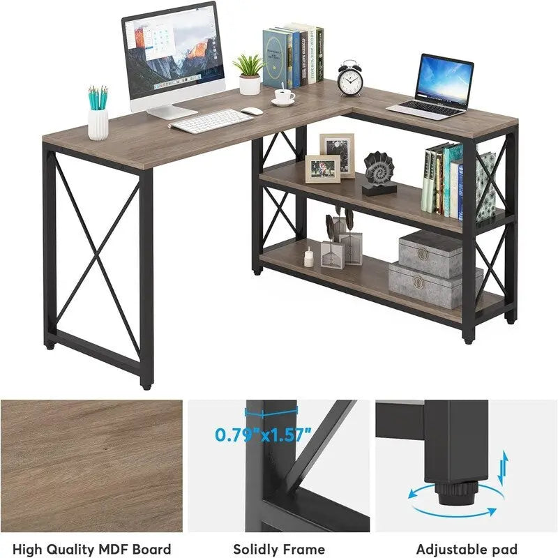 Bureau d'angle en L avec étagères de rangement