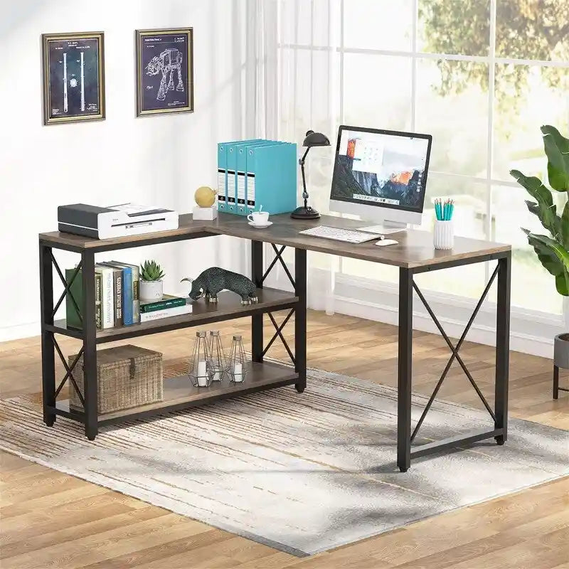Bureau d'angle en L avec étagères de rangement
