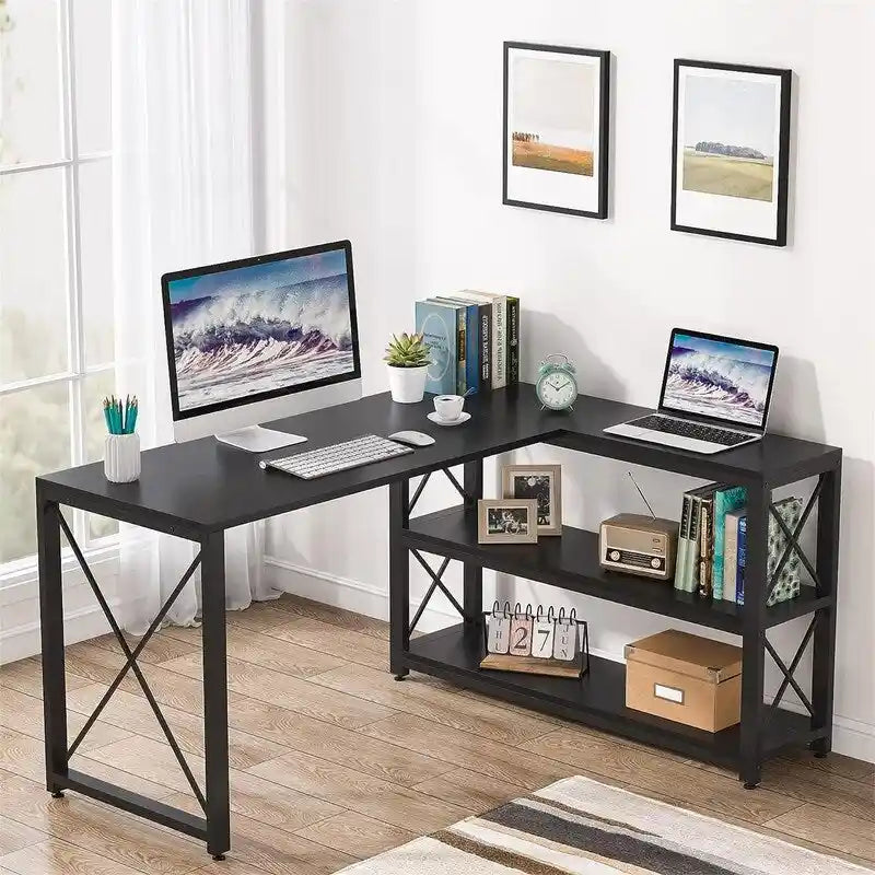 Bureau d'angle en L avec étagères de rangement