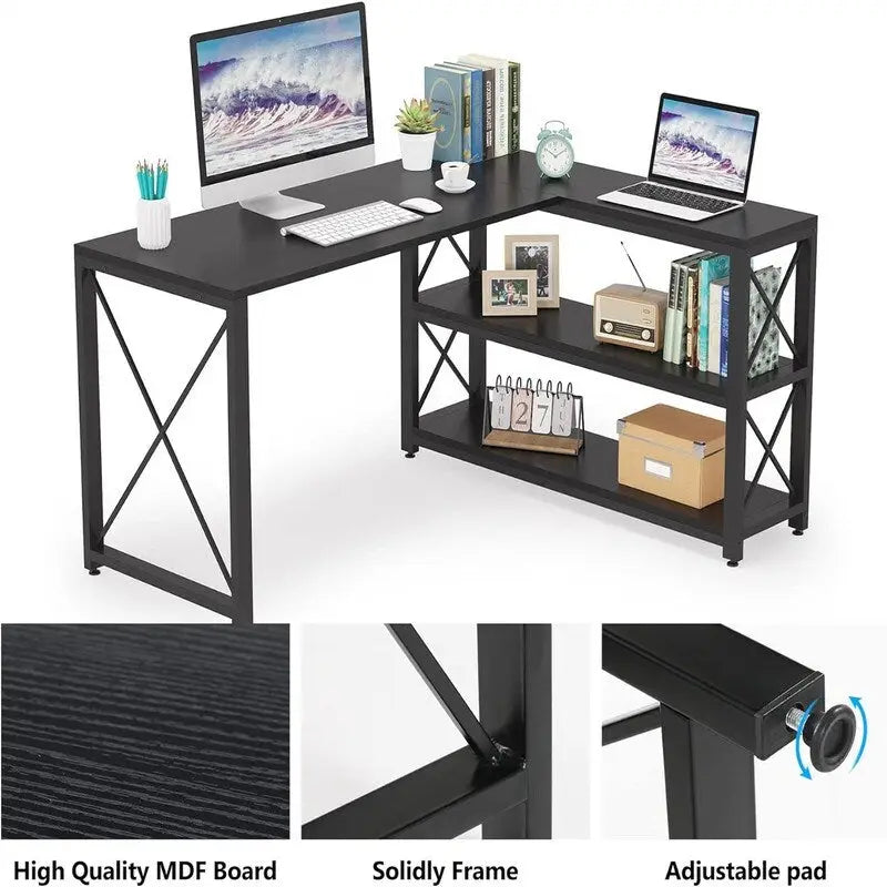 Bureau d'angle en L avec étagères de rangement