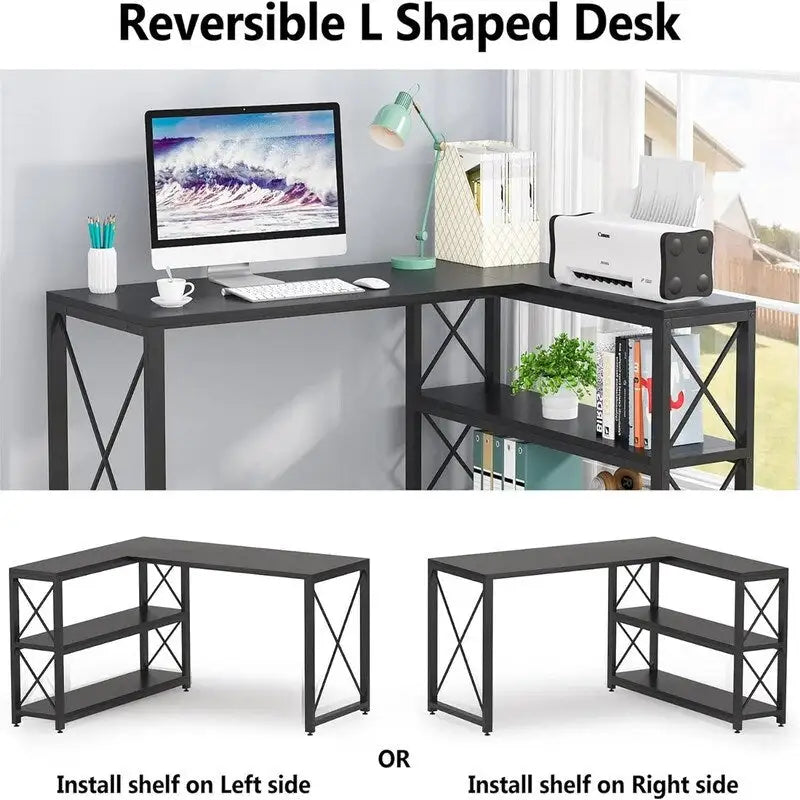 Bureau d'angle en L avec étagères de rangement
