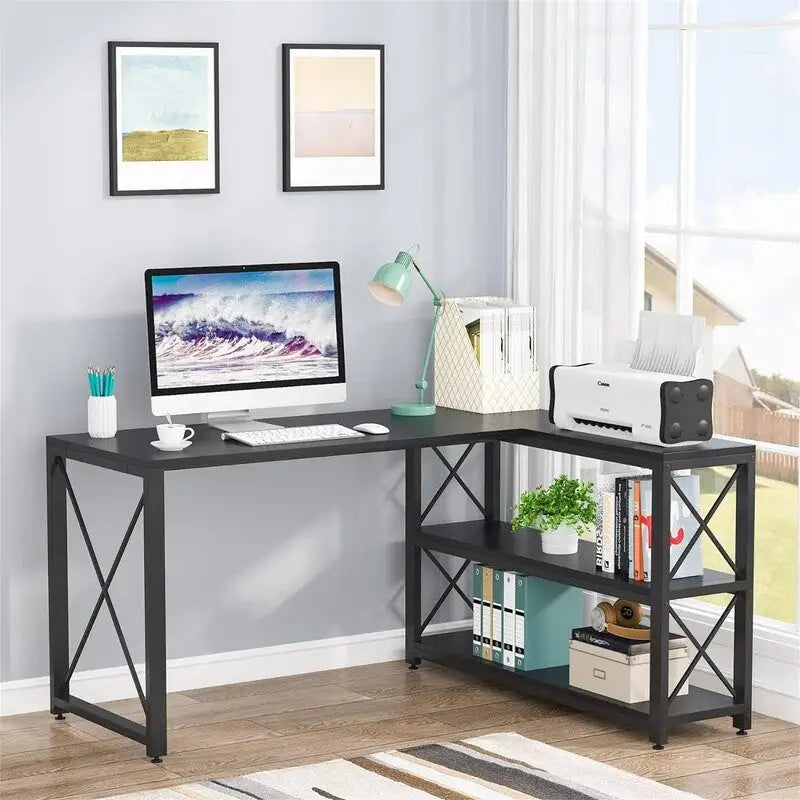 Bureau d'angle en L avec étagères de rangement