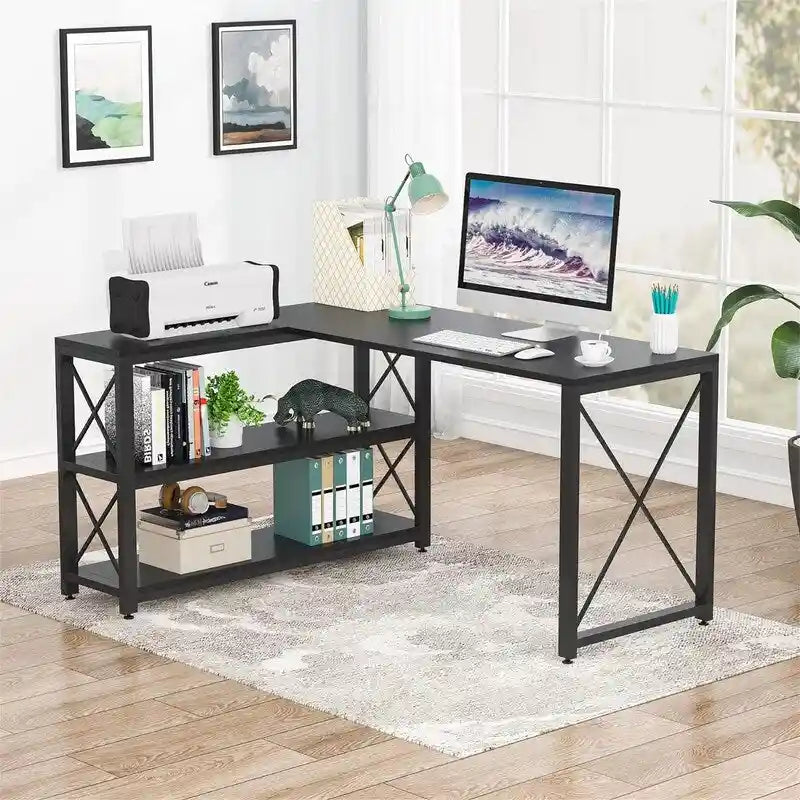Bureau d'angle en L avec étagères de rangement