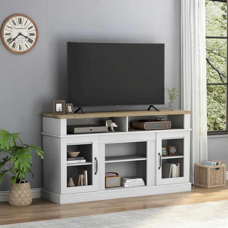 Meuble TV de 58 pouces avec armoire de rangement et étagères ouvertes