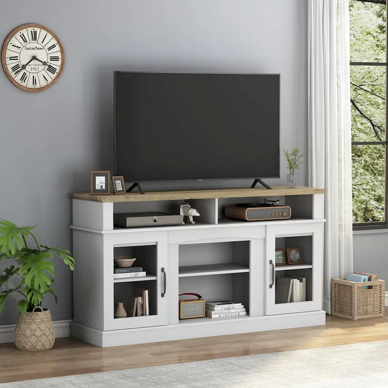 Meuble TV de 58 pouces avec armoire de rangement et étagères ouvertes