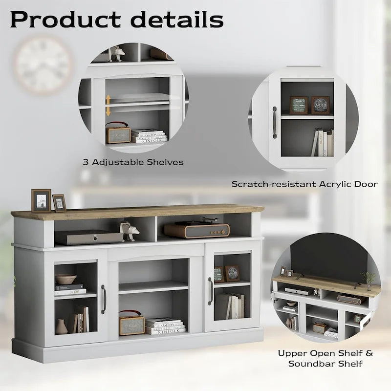 Meuble TV de 58 pouces avec armoire de rangement et étagères ouvertes