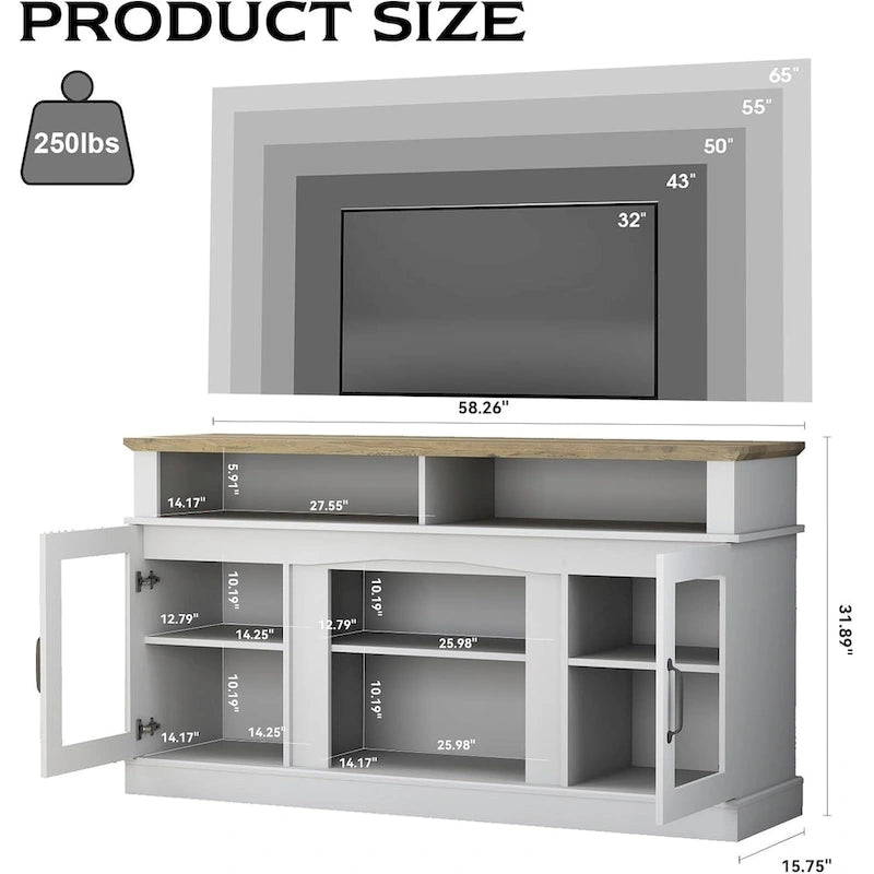 Meuble TV de 58 pouces avec armoire de rangement et étagères ouvertes