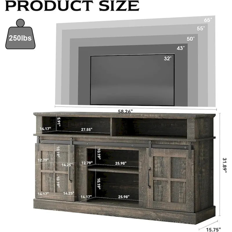 Meuble TV de 58 pouces avec armoire de rangement et étagères ouvertes