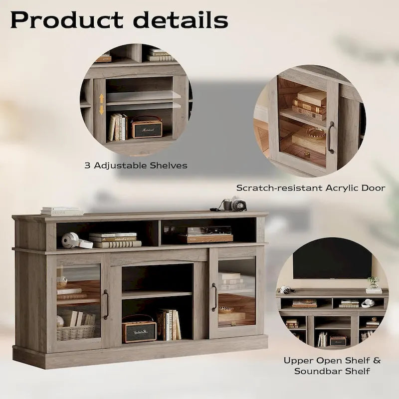 Meuble TV de 58 pouces avec armoire de rangement et étagères ouvertes