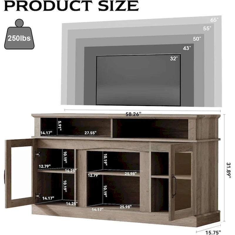 Meuble TV de 58 pouces avec armoire de rangement et étagères ouvertes