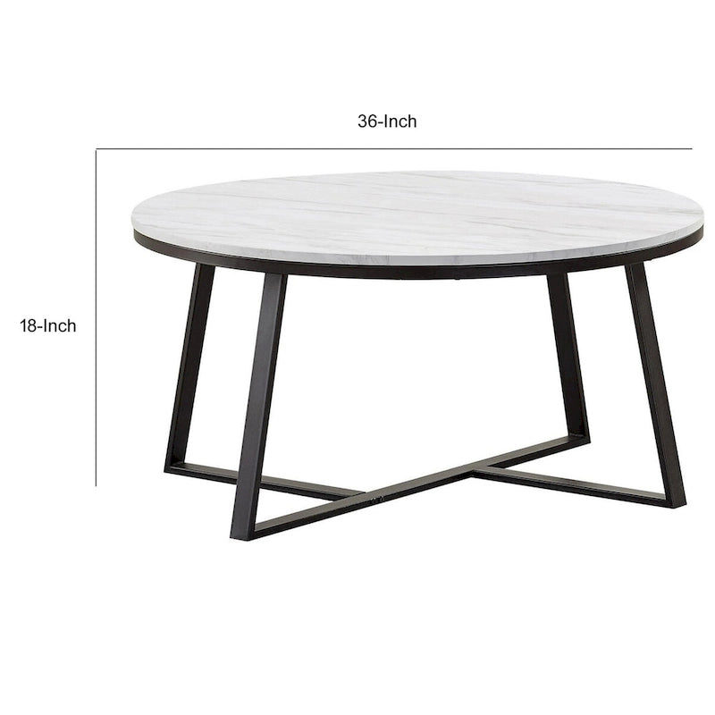 Table basse ronde moderne en faux marbre avec piètement en métal