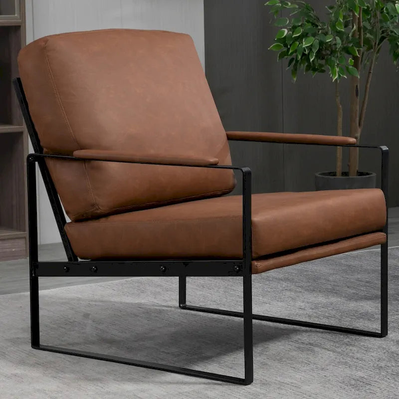 Fauteuil d'appoint en similicuir marron avec pieds en fer noir