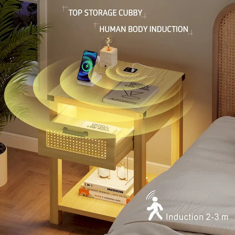 Table d'appoint avec lumière LED et station de recharge