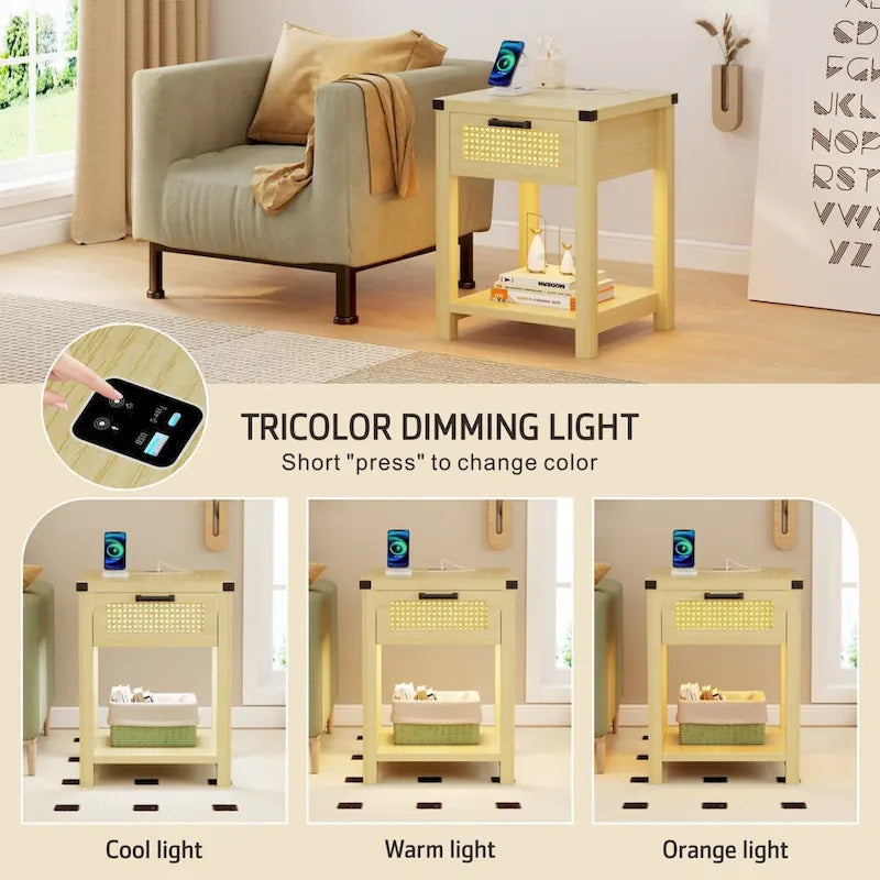 Table d'appoint avec lumière LED et station de recharge