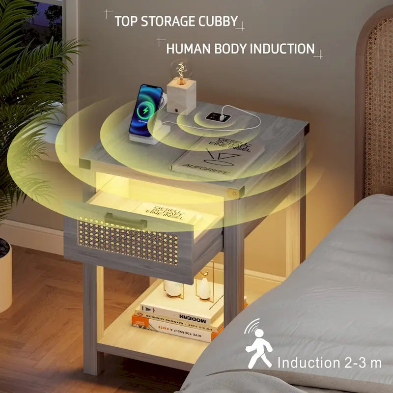Table d'appoint avec lumière LED et station de recharge