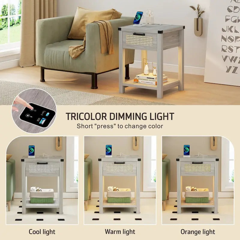 Table d'appoint avec lumière LED et station de recharge