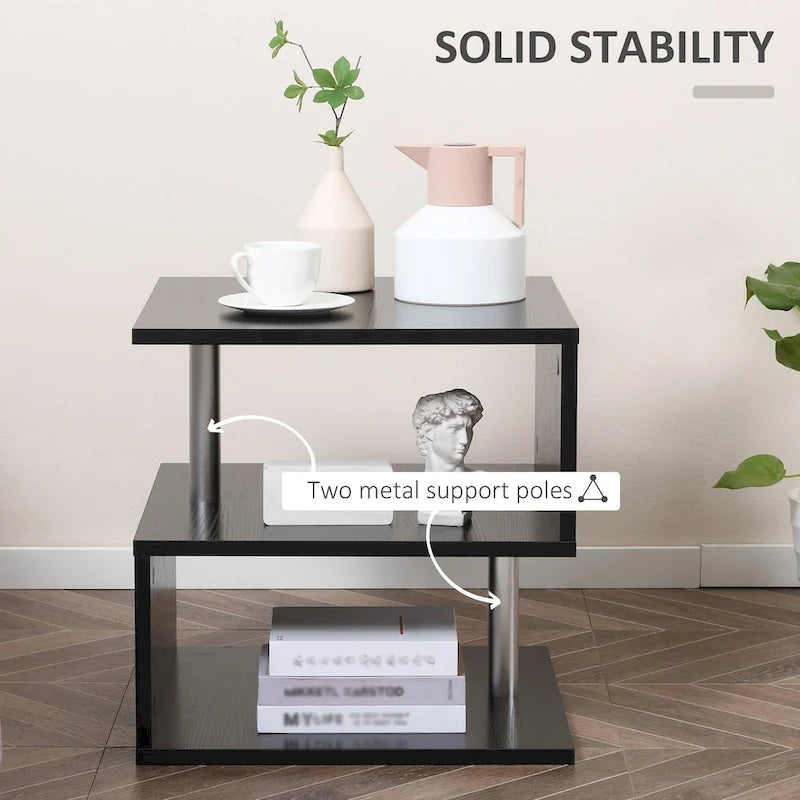 Table d'appoint en forme de S à 3 niveaux avec étagère de rangement