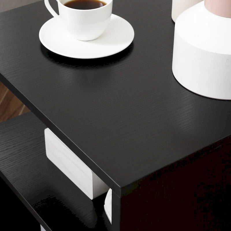 Table d'appoint en forme de S à 3 niveaux avec étagère de rangement