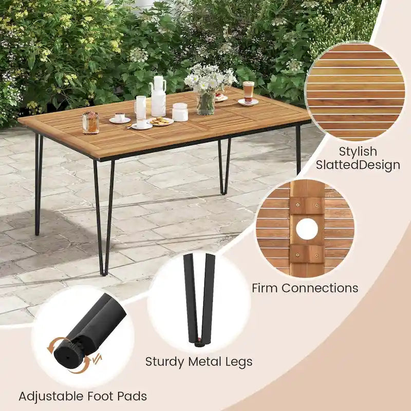 Table de salle à manger d'extérieur en bois d'acacia de 63 pouces, naturel/noir