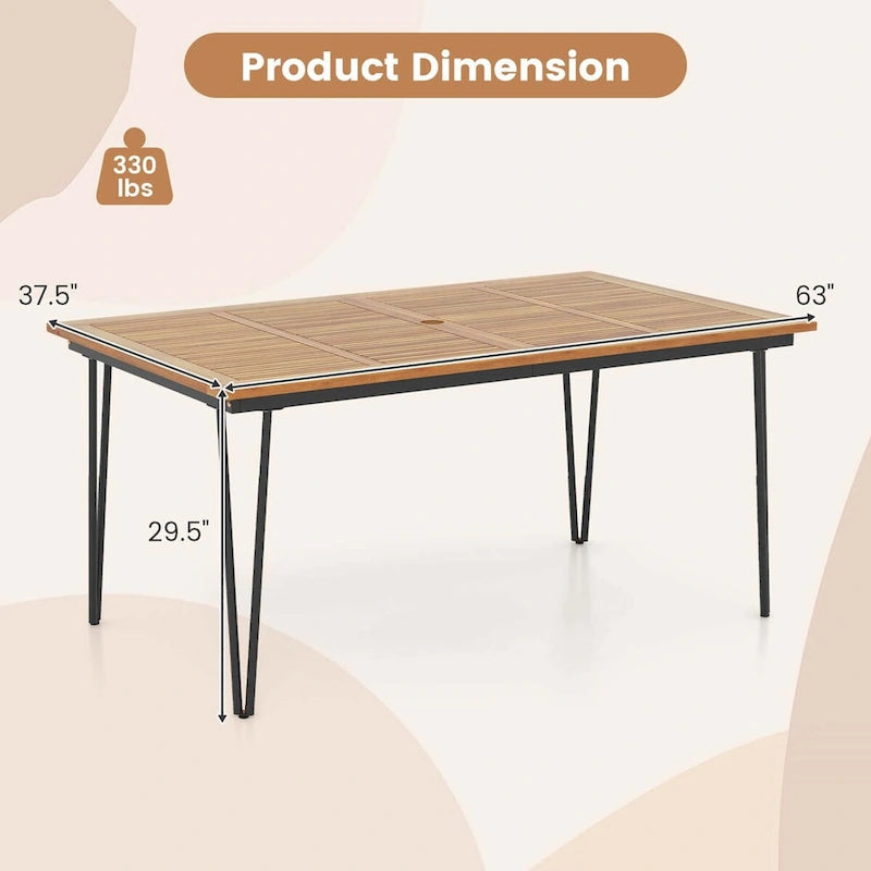Table de salle à manger d'extérieur en bois d'acacia de 63 pouces, naturel/noir