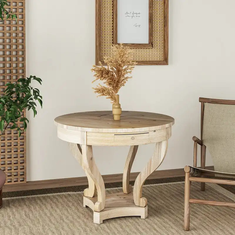 Table à manger ronde de style campagnard avec pieds incurvés