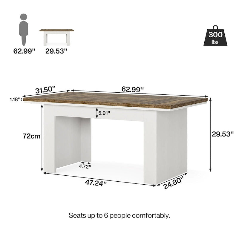 Table de salle à manger rectangulaire 160 cm pour 4-6 personnes, marron et blanc