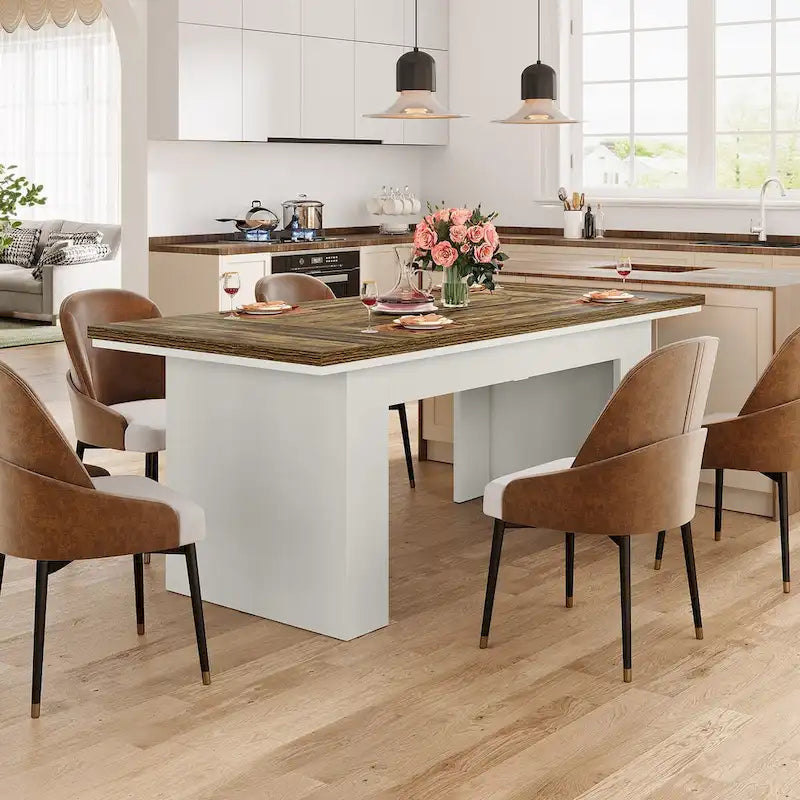 Table de salle à manger rectangulaire 160 cm pour 4-6 personnes, marron et blanc