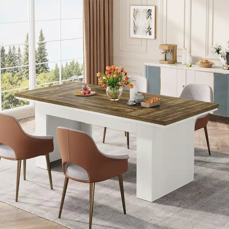Table de salle à manger rectangulaire 160 cm pour 4-6 personnes, marron et blanc