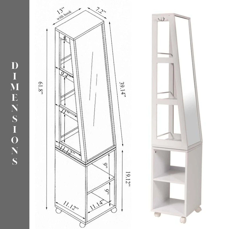 Meuble Miroir Rotatif avec Étagères et Base Roulante - 13L x 11 3/4P x 61 1/2H