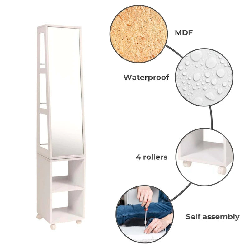 Meuble Miroir Rotatif avec Étagères et Base Roulante - 13L x 11 3/4P x 61 1/2H