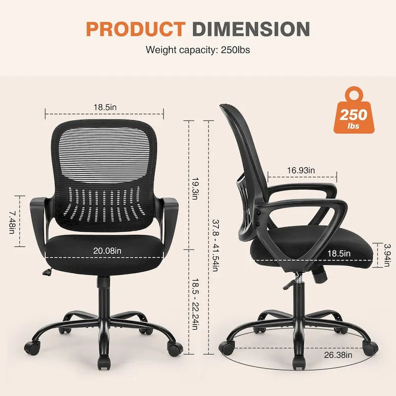 Chaise de bureau en maille avec accoudoirs fixes et hauteur réglable