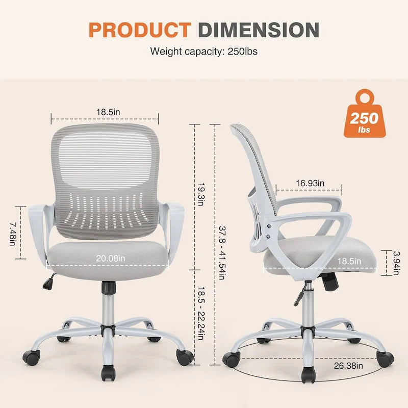 Chaise de bureau en maille avec accoudoirs fixes et hauteur réglable