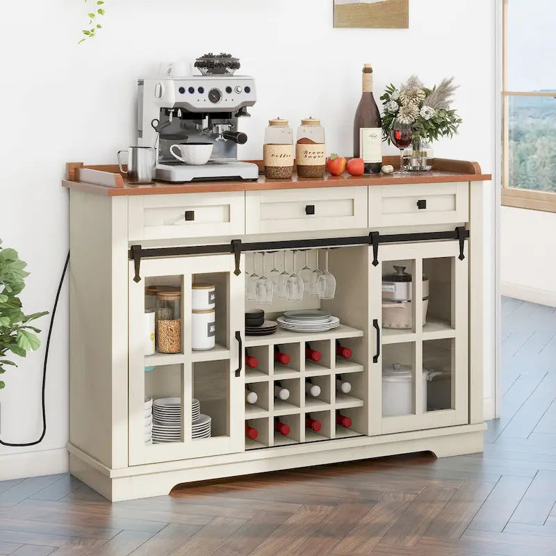Buffet de 53 po avec portes de grange, casier à vin et rangement