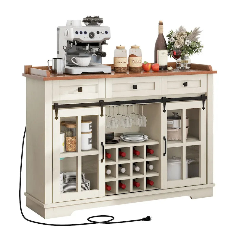 Buffet de 53 po avec portes de grange, casier à vin et rangement