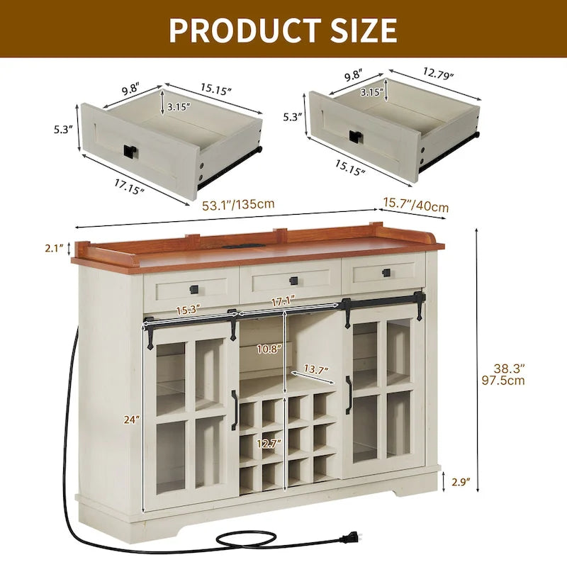 Buffet de 53 po avec portes de grange, casier à vin et rangement