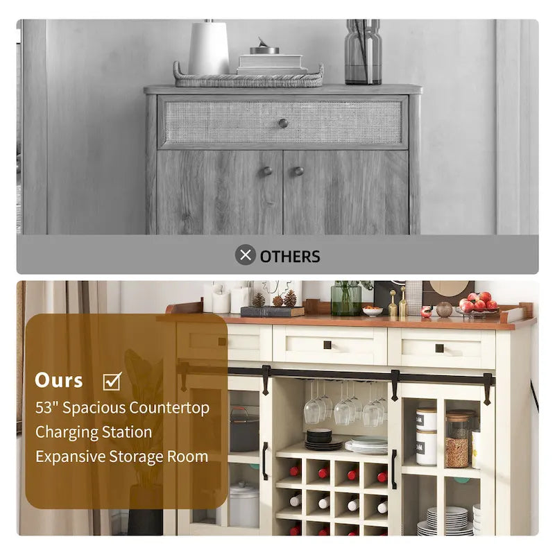 Buffet de 53 po avec portes de grange, casier à vin et rangement