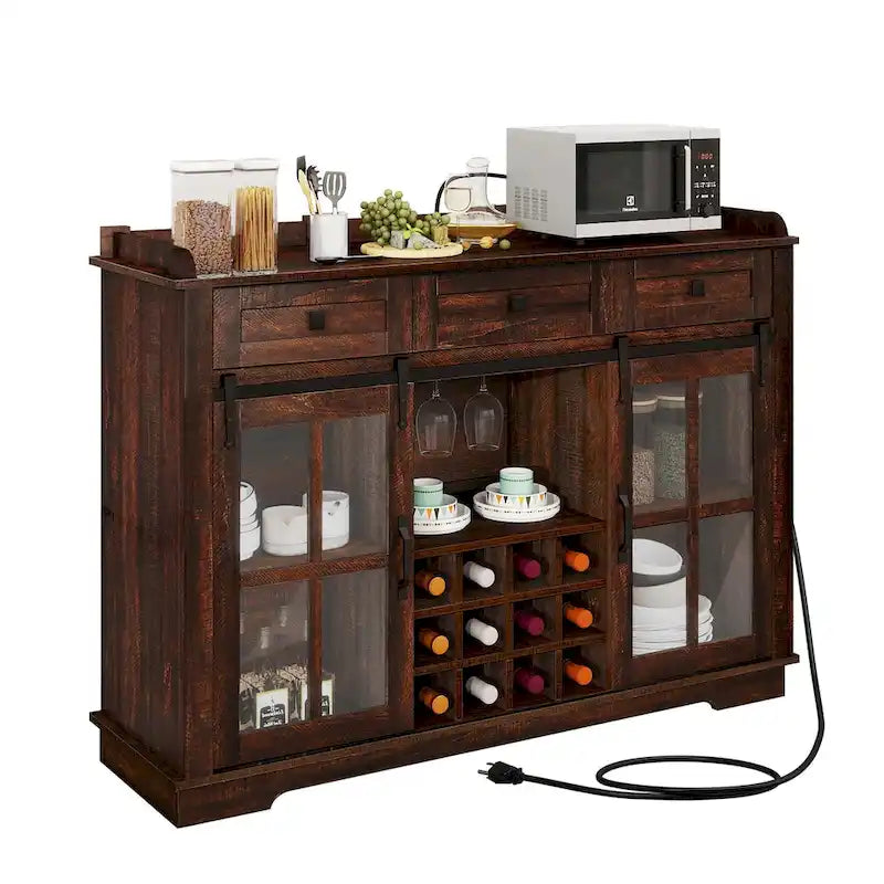 Buffet de 53 po avec portes de grange, casier à vin et rangement