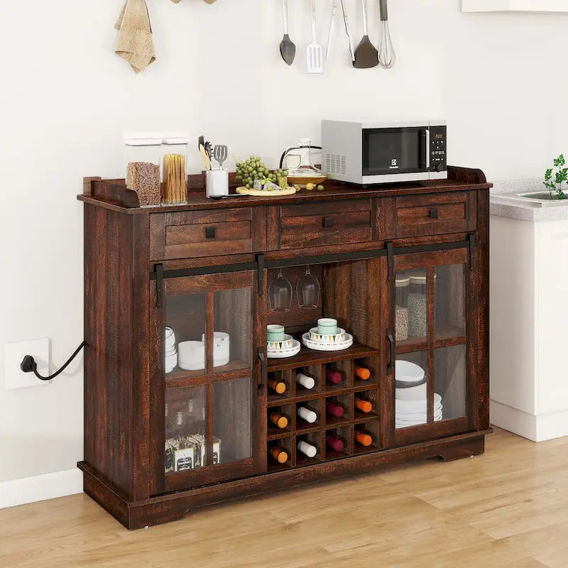 Buffet de 53 po avec portes de grange, casier à vin et rangement