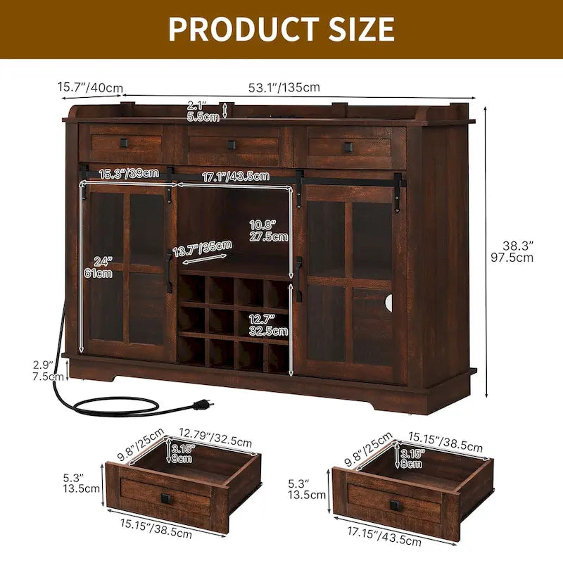 Buffet de 53 po avec portes de grange, casier à vin et rangement