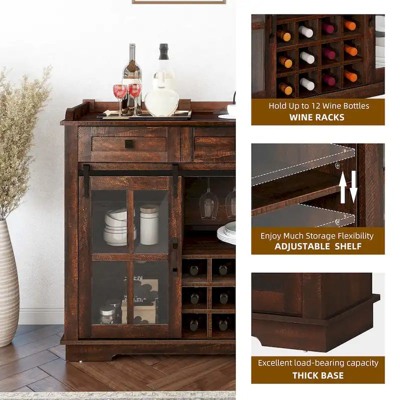 Buffet de 53 po avec portes de grange, casier à vin et rangement
