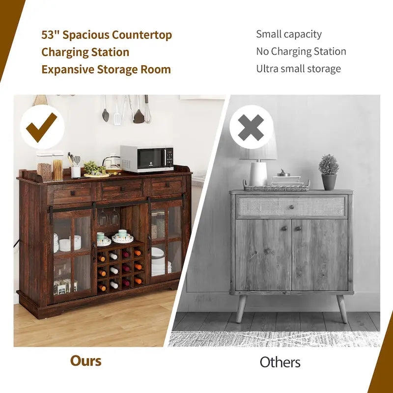 Buffet de 53 po avec portes de grange, casier à vin et rangement