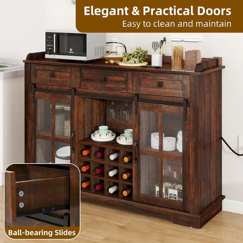 Buffet de 53 po avec portes de grange, casier à vin et rangement