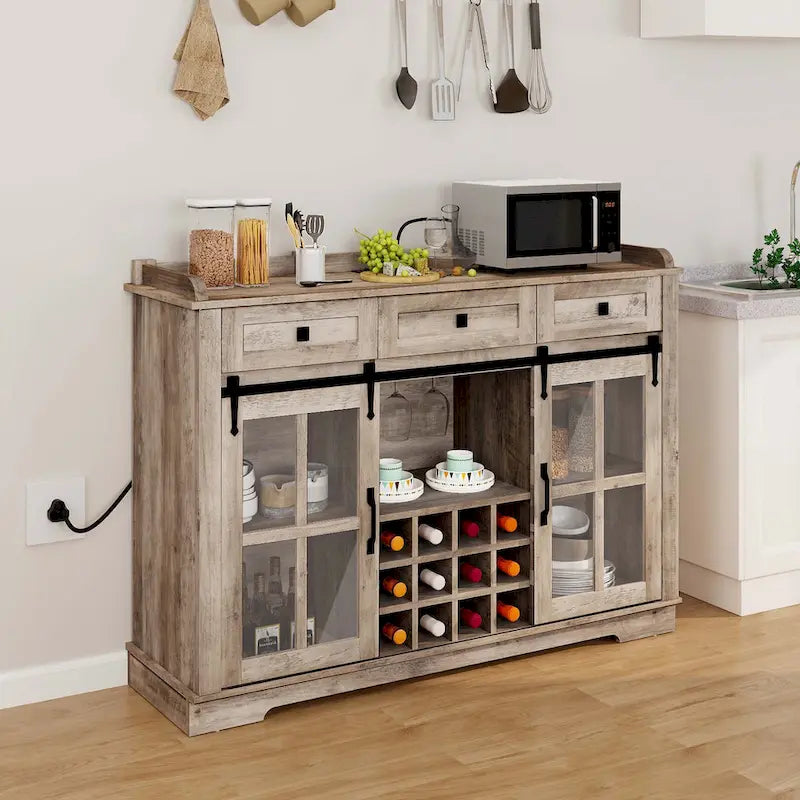 Buffet de 53 po avec portes de grange, casier à vin et rangement
