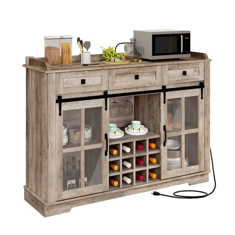 Buffet de 53 po avec portes de grange, casier à vin et rangement