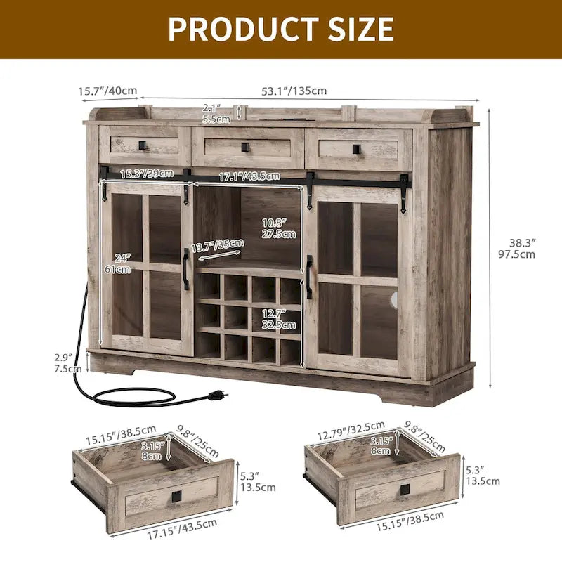 Buffet de 53 po avec portes de grange, casier à vin et rangement